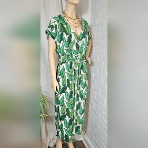 Hell Bunny Tropical Leaf Jumpsuit XL Green Palm Print Wide Leg Tie Waist